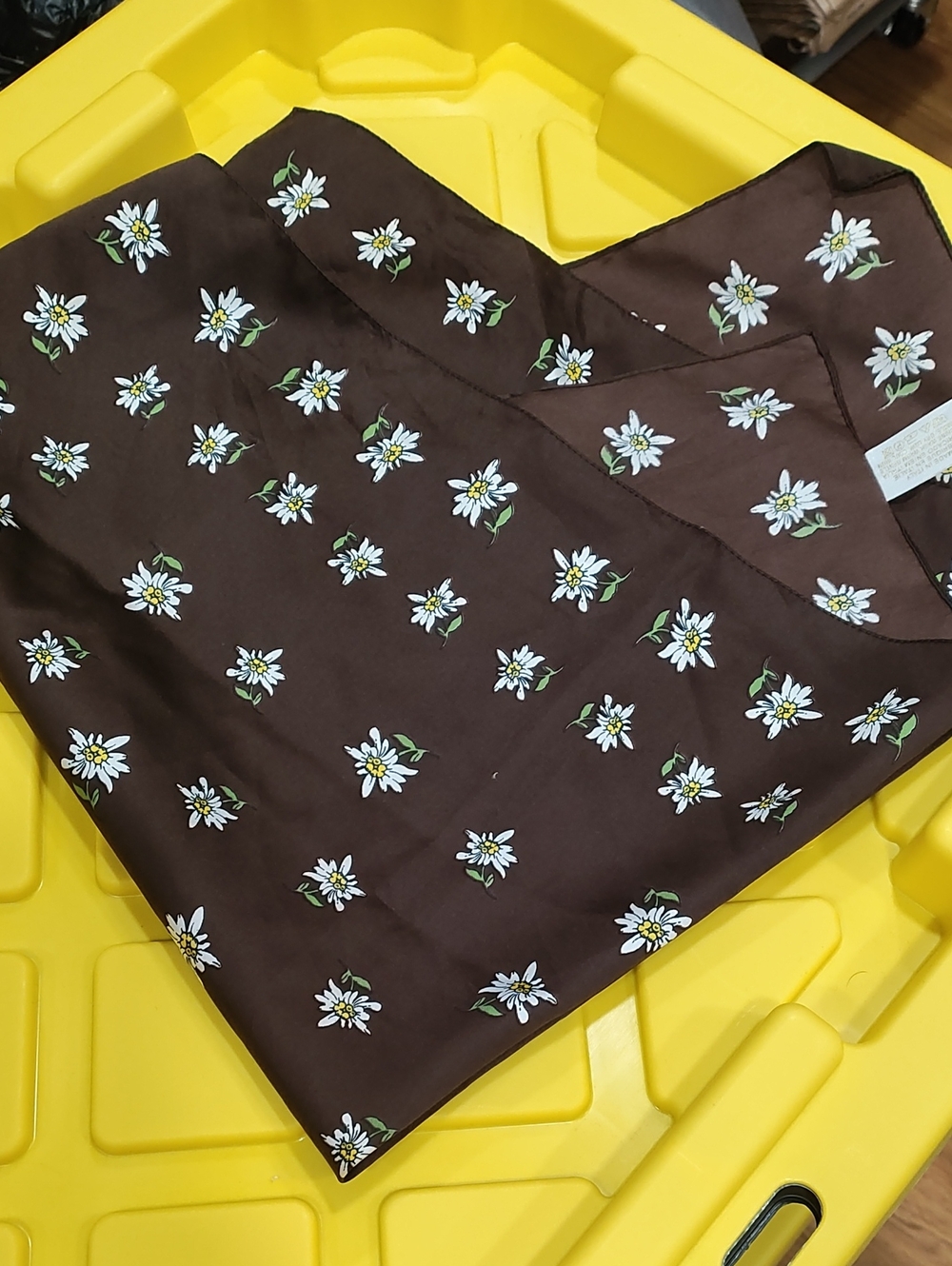Source Unknown Brown Floral Silk Scarf with White Daisies